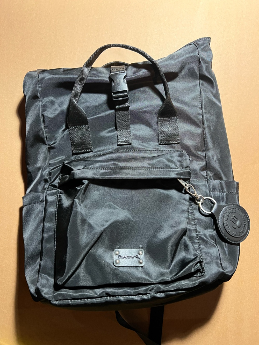 BearPaw Black Roll-Top Nylon Backpack with Front Pocket